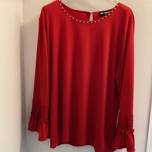 Designer Red Women's Top with Pearl Accents